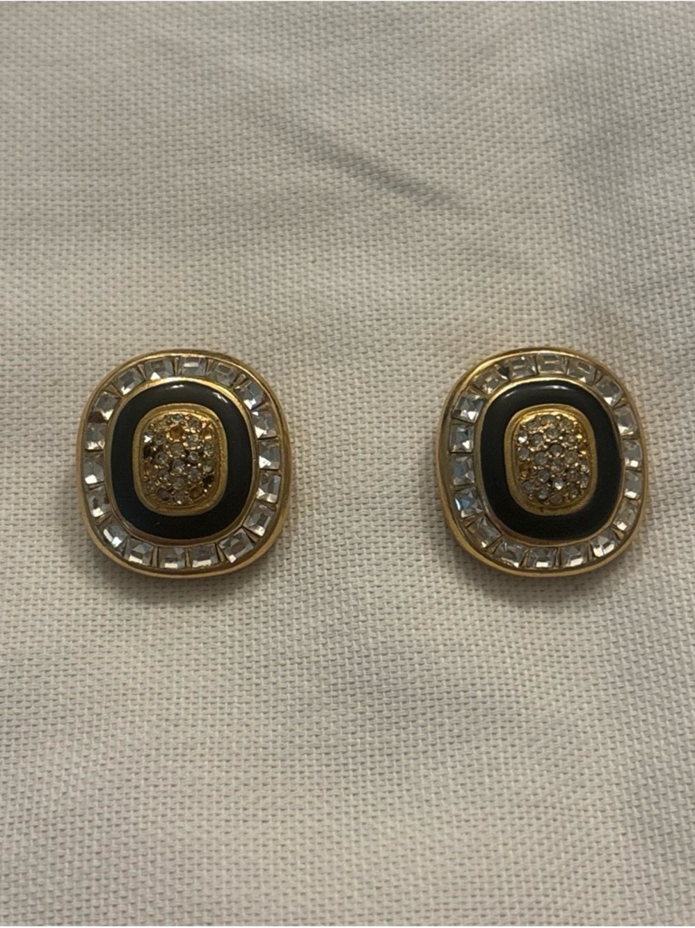 Dior Gold-Tone Black and Clear Crystal Clip On Earrings